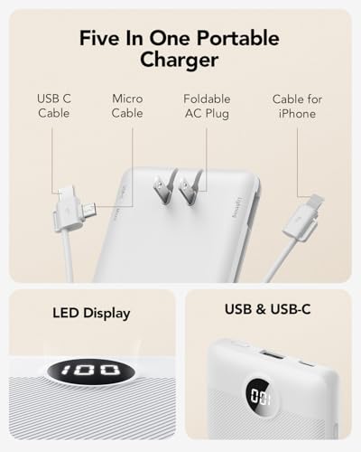 VRURC Portable Charger with Cables and Wall Plug | Power Bank with Cords | 10000mAh Portable Charger with AC Plug | External Battery Pack (Pure White) - color: White