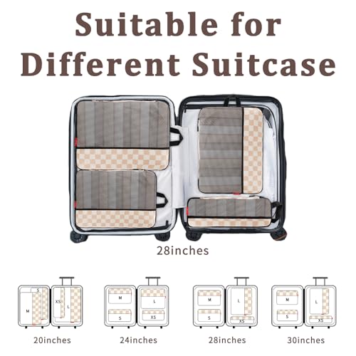 U+U 4 Set Compression Packing Cubes - Ultralight Travel Organizers, Space-Saving Suitcase Organizer, Expandable Packing Cubes for Travel, Business Trip and Family Vacation (Khaki Checkered)