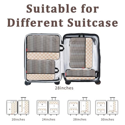 U+U 4 Set Compression Packing Cubes - Ultralight Travel Organizers, Space-Saving Suitcase Organizer, Expandable Packing Cubes for Travel, Business Trip and Family Vacation (Khaki Checkered)