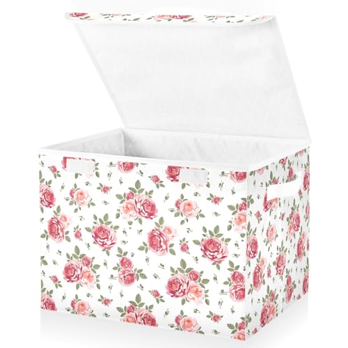 senya Collapsible Storage Bins with Lids, Pink Rose Flowers Floral Storage Boxes for Organizing - color: Rose 1