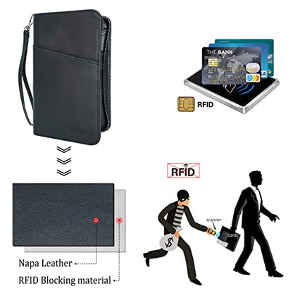 Polare Full Grain Leather Passport Holder Cover Case for Men and Women RFID Blocking Family Travel Wallet Holds 6 Passports - color: Black