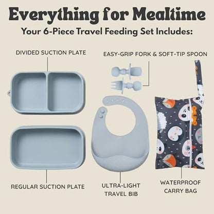 Baby Travel Essentials 6 Pc Silicone Feeding Set - Portable Toddler Plates with Suction, Baby Spoons & Foldable Bib in Carrying Case - BPA-Free Infant & Toddler Utensils for Airplanes & Eating Out - color: Gray