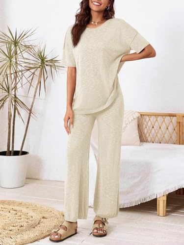 Tankaneo Women's 2 Piece Travel Outfits Casual Short Sleeve Knit Sweater Set Wide Leg Pants Lounge Sets Tracksuit - color: Beige, size: Small