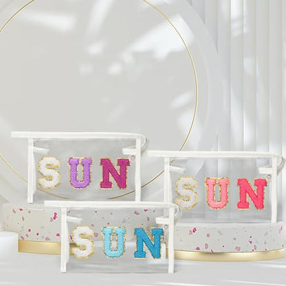 Y1tvei Clear SUN Makeup Bag - Preppy Blue SUN Chenille Varsity Letter Cosmetic Bag PVC Transparent Zipper Waterproof Beach Makeup Pouch Carry On Portable Travel Toiletry Organizer for Women(White) - color: Blue SUN White