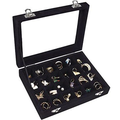 Vicoter Velvet Jewelry Box 24 Grid Jewelry Ring Display Organiser Box Tray Holder Earrings Storage Case for Girls Wife Mom Women (Black) - color: Black