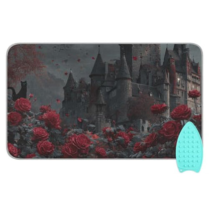 Castle Bats Rose Halloween Ironing Mat for Table top Portable Ironing Pad Blanket for Washer Dryer Countertop Travel - color: Castle Bats Rose Halloween