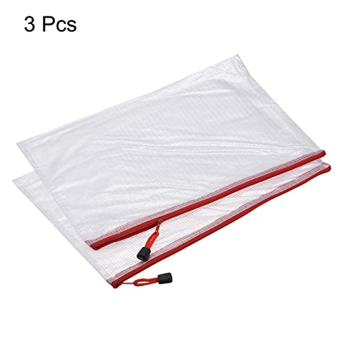 MECCANIXITY Mesh Zipper Bags, A3 Size Plastic Zip File Pouch Document Folders for Home Office Travel, Red Pack of 3 - color: Red