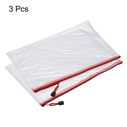 MECCANIXITY Mesh Zipper Bags, A3 Size Plastic Zip File Pouch Document Folders for Home Office Travel, Red Pack of 3 - color: Red