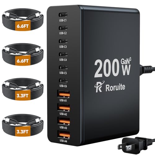 USB C Charging Station 10 Port with 4 Cables,200W GaN Type C Charger Block,Wall Charger Power Strip Adapter Plug for iPad iPhone17 16 15 14 13 12 Pro Max Pixel Note Galaxy - color: Black