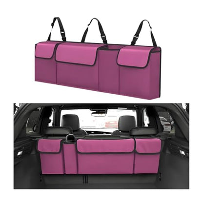 Car Trunk Organizer with Lid, Large Waterproof Vehicle Backseat Hanging Storage Bag with 4 Pockets & Adjustable Straps, Collapsible Automotive Interior Cargo Bag, Universal Fit (Purple) - color: Purple