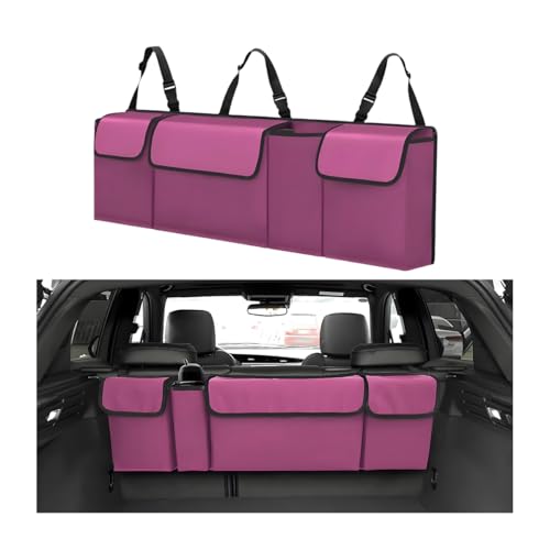 Car Trunk Organizer with Lid, Large Waterproof Vehicle Backseat Hanging Storage Bag with 4 Pockets & Adjustable Straps, Collapsible Automotive Interior Cargo Bag, Universal Fit (Purple) - color: Purple