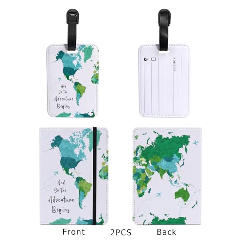 PDE-QUNLIAN Passport Book Holder,Passport Wallet for Men Mr and Mrs Passport Holder for Women Passport Cover World Map Passport Case for Couples Christmas Traveling Luggage Tag 2PCS - color: Green Map 2pcs (Passport Holder + Luggage Tag)