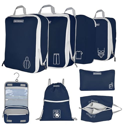 8 Set Expandable Compression Packing Cubes for Suitcases Travel Essentials Carry On Waterproof Storage Bag With Dry And Wet Separation Dark Blue - color: Dark-Blue
