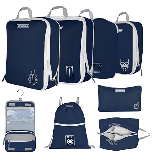 8 Set Expandable Compression Packing Cubes for Suitcases Travel Essentials Carry On Waterproof Storage Bag With Dry And Wet Separation Dark Blue - color: Dark-Blue