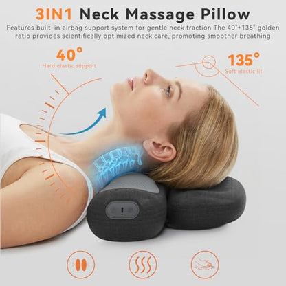 Yunari 3-in-1 Rechargeable Neck Massager Pillow with Heating & Traction, 2026 Latest Patented Ergonomic Cervical Pillow for Deep Tissue Neck Pain Relief, Shoulder & Neck Hump Corrector for Women, Men