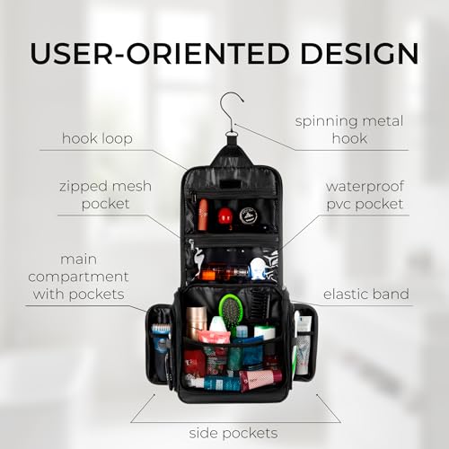 Travel Toiletry Bag for Men and Women - (10.6”x10.6”x3.2”) Large Hanging Toiletry Organizer - Waterproof Hygiene Bag with Metal XXL Swivel Hook, with Sturdy Zippers and 15 Compartments for Toiletries - color: L Grease Black