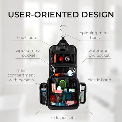 Travel Toiletry Bag for Men and Women - (10.6”x10.6”x3.2”) Large Hanging Toiletry Organizer - Waterproof Hygiene Bag with Metal XXL Swivel Hook, with Sturdy Zippers and 15 Compartments for Toiletries - color: L Grease Black