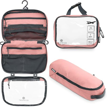 Toiletry Bag Kit 3 Piece Set: Hanging Travel Toiletry Bag + 311 TSA Cosmetic Liquid Bag + Accessory Organizer Pouch - color: Pink