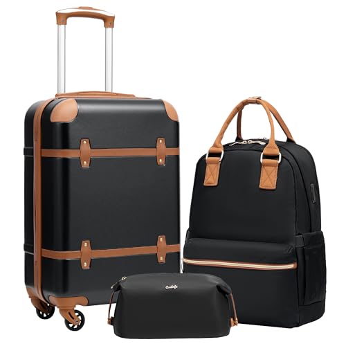 Coolife Luggage Set 3 Piece Suitcase Set Carry On Luggage Hardside Luggage TSA Lock Spinner Wheels Telescopic Handle (Black, 3 piece set (BP/TB/20)) - color: Black, size: 3 piece set (BP/TB/20)
