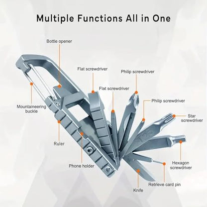 PELZ 12 in 1 Multi Tool Carabiner, Folding Tool Kit, Keychain Multitool, Screwdrivers, Bottle Opener, Phone Holder for Camping, Hiking, Everyday Use