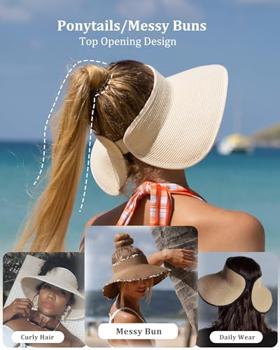 FURTALK Sun Hats for Women Wide Brim Beach Hat Straw Visor Ponytail Summer UV Packable Foldable Beach Vacation Essentials - color: Black