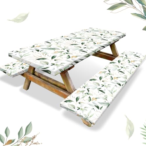 Boao 3 Pcs Vinyl Picnic Table Cover with Bench Cover 6 ft 30 x 72 Inch Waterproof Fitted Tablecloth Flannel Backing Rectangular Elastic Edged for Camping Outdoor Patio Travel(Eucalyptus) - color: Eucalyptus