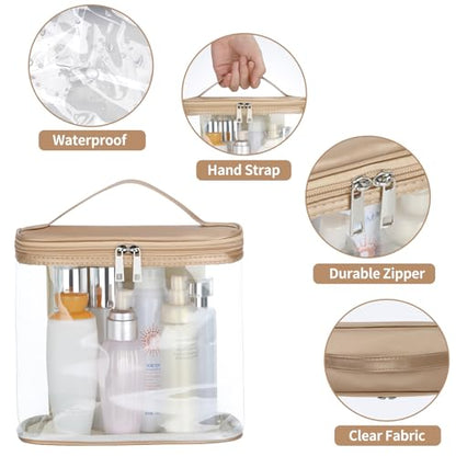 HAOGUAGUA Heavy Duty Leak Proof Clear Travel Bags for Toiletries, Transparent Makeup Cosmetic Bag with Zipper and Handle (1PCS GOLD, Large) - color: 1PCS GOLD