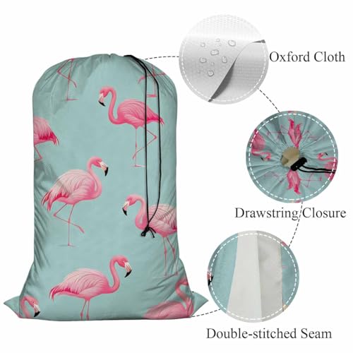 Swono Flamingo Bird Laundry Bag with Strap Machine Washable Large Dirty Clothes Organizer Retro Pink Flamingos Tropical Summer Animal Easy Fit Laundry Hamper or Basket, Pink Green - color: Flamingo Bird