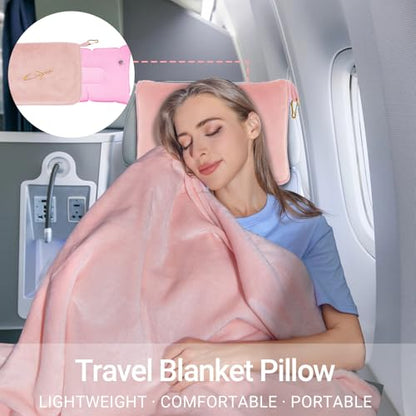 Travel Blanket and Pillow Set, 300 GSM Soft Fleece, 60x43 Inches, 3-in-1 Compact with Bag, Pink - color: Pink