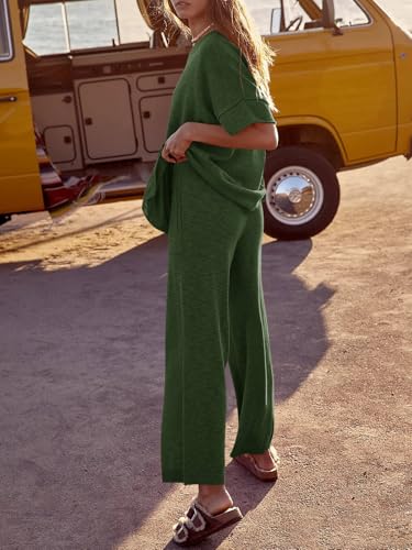 Tankaneo Women's 2 Piece Travel Outfits Casual Short Sleeve Knit Sweater Set Wide Leg Pants Lounge Sets Tracksuit - color: Army Green, size: X-Large