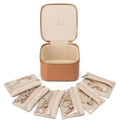 Vlando Jewelry Travel Case,Travel Jewelry Organizer with Clear Velvet Jewelry Bags 6Pcs Zipper Pouch for Women-Brown - color: E.6Pcs-Brown