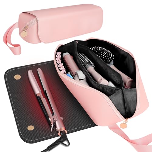 SS 2 in 1 Hair Tools Travel Bag with Heat Resistant Mat, Flat Iron Travel Case for Curling Iron, Hair Straightener, Fat iron, Waterproof Toiletry bag for Women, Pink - color: Pink