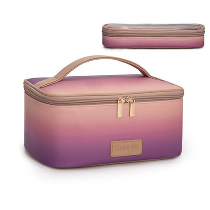 Montana West X Wrangler Travel Makeup Bag 2pcs Set Large Cosmetic Bag with Makeup Brush Holder Portable Make Up Organizer Cute Toiletry Bag with Divider and Handle for Women Gradient - color: Purple