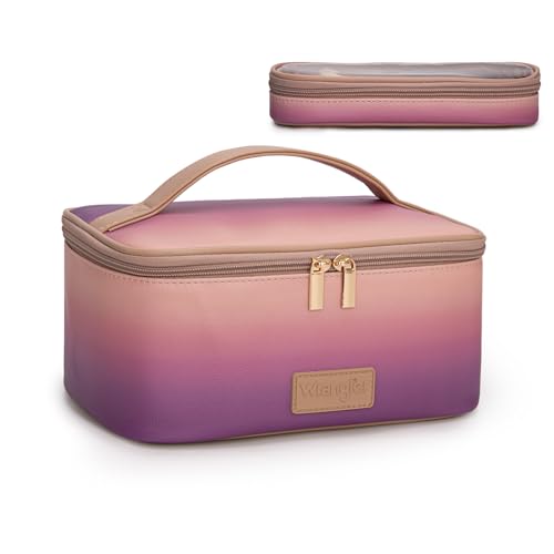 Montana West X Wrangler Travel Makeup Bag 2pcs Set Large Cosmetic Bag with Makeup Brush Holder Portable Make Up Organizer Cute Toiletry Bag with Divider and Handle for Women Gradient - color: Purple