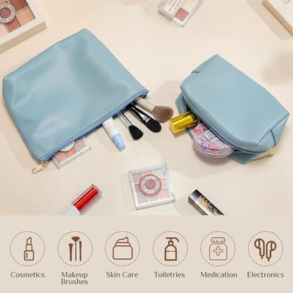Kigeli 2 Pcs PU Leather Makeup Bag Set for Women Waterproof Aesthetic Cosmetic Bag Large & Small Travel Toiletry Organizer Pouch Skincare Organizer Bridesmaid Mother's Day Birthday Gift(Blue) - color: Blue