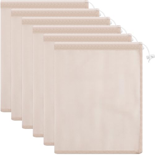 Frienda 6 Pieces Mesh Stuff Sack, 11 x 15 Inch Durable Nylon Drawstring Laundry Bag for Rinsing Beach Toys, Seashell Collecting, Mesh Bags for Travel (Beige Color) - color: Beige Color
