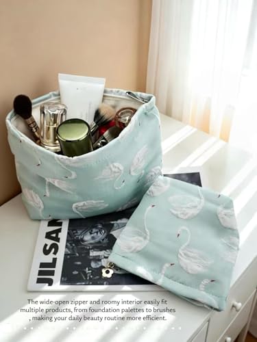 2-Pack Swan Print Makeup Bag Set - Large Capacity Light Blue Cosmetic Organizer | Travel Toiletry Pouch for Women Girls (Cute Animal Print, Zipper Closure) - color: B04-Swan Blue