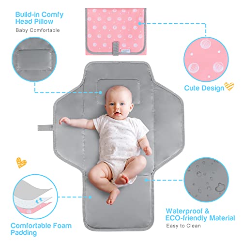 Portable Changing Pad for Baby, Compact Waterproof Diaper Mat with Built-in Cushion, Pink - color: Pink