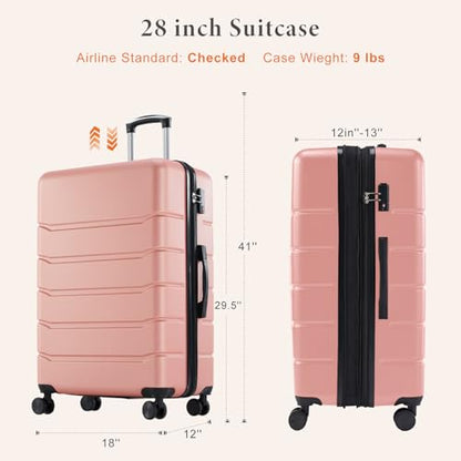 Sweetcrispy 28 Inch Checked Luggage, ABS Lightweight Rolling Hard Shell Suitcase with Smooth Spinner Wheels, Built-in TSA Lock, Durable Travel Suitcase for Business and Vacation Trip, Pink - color: Pink, size: 28 Inch