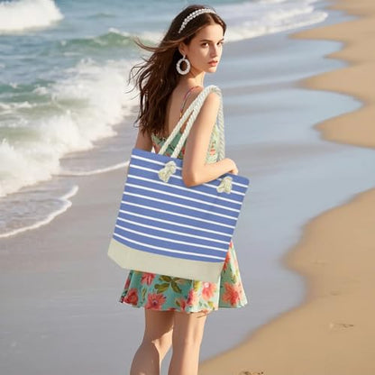 Fokongna Tote Bag For Women, Beach Bag Best Friend Travel Birthday Gifts, Travel Parties Vacation Shopping Essentials - color: Navy White Stripes
