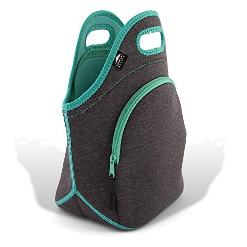 Nordic By Nature Insulated Neoprene Lunch Bag, Soft & Foldable Washable & Reusable Extra-Pocket (L) Dark Grey/Lagoon - color: Dark Gray/Lagoon, size: Large