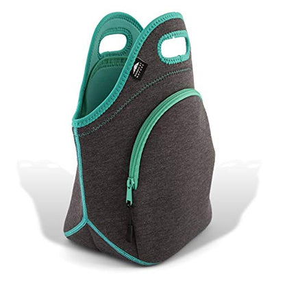 Nordic By Nature Insulated Neoprene Lunch Bag, Soft & Foldable Washable & Reusable Extra-Pocket (L) Dark Grey/Lagoon - color: Dark Gray/Lagoon, size: Large