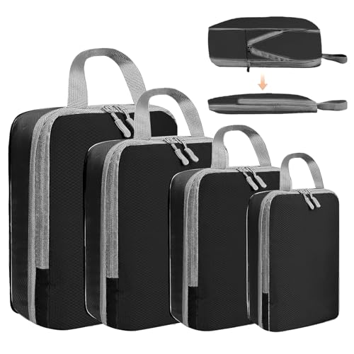 4 Set Compression Packing Cubes for Suitcase - Space-Saving Luggage Organizer Bags, Lightweight Travel Essentials for Efficient Packing (Black) - color: Black, size: 4 set