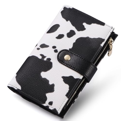 yiijay Wallet Women RFID Blocking Multi Cards Wallet Credit Card Holder for Women Large Capacity Lady Leather Trifold Travel Wallet with Pen Holder - color: 2Cow Print Black
