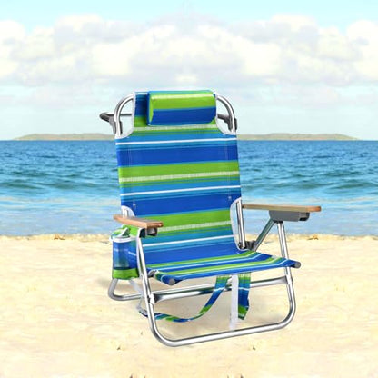 2 Pack Backpack Beach Chairs for Adults Capacity 300 LBS Low 5 Position Beach Chair with Pouch Straps Folding Lightweight Reclining Aluminum Wide Lay Flat Single - color: 10in Wood Light Green Stripes 2 Pack