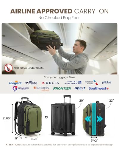 Fanwoli Rolling Vacuum Backpack Travel with One-Button Compression, 55L Expandable, Water Resistant Carry-On Suitcase Luggage, Ideal for Outdoor/Family/Trips - color: Green