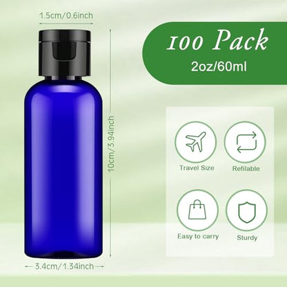 Eccliy 100 Pack 2 oz Plastic Bottles Travel Lotion Bottle Squeeze Container Plastic Bottles with Caps Small Travel Empty Refillable Toiletry Containers for Liquid Lotion Creams with 5 Funnels(Blue) - color: Blue, size: 2 oz