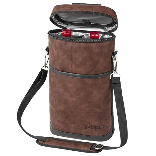 opux 2 Bottle Wine Carrier Tote, Insulated Leakproof Wine Cooler Bag, Wine Travel Bag for Picnic BYOB Beach, Portable Wine Bottle Carrying Case, Gift for Wine Lover Women Men Christmas, Brown Leather - color: Rustic Brown