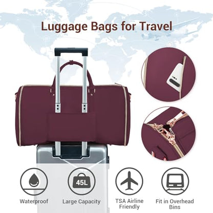 Garment Bags for Travel, Convertible Suit Travel Bag for Women, Stylish Carry On Garment Bag with Toiletry Pocket, Shoulder Strap and Shoes Compartment, 2 in 1 Foldable PU Leather Duffle Bag, Sangria - color: Sangria