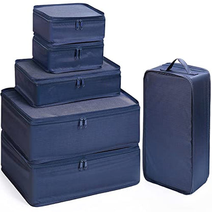 Mossio 6 Set Packing Cubes with Shoe Bag - Lightweight Travel Luggage Suitcase Organizers - color: Navy Blue